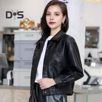 Женская куртка из искусственной кожи с гладкой поверхностью, отложным воротником, однобортная, с длинными рукавами, карманами, ретро-пальто для мотоцикла, для офиса, для поездок на работу и путешествий L чёрный