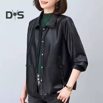 Женская куртка из искусственной кожи с гладкой поверхностью, отложным воротником, однобортным кроем, карманами, длинными рукавами, ретро-пальто для мотоциклистов, верхняя одежда больших размеров для путешествий XXXL чёрный