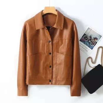 Женская куртка из искусственной кожи с гладкой поверхностью, отложным воротником, однобортная, с длинными рукавами и карманами, ретро-пальто для мотоцикла, офиса, поездок на работу, путешествий, верхняя одежда XL коричневый