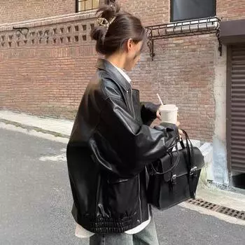 Женская куртка из искусственной кожи с гладкой поверхностью, отложным воротником, застежкой-молнией, длинными рукавами, эластичными карманами по низу, ретро-мотоциклетное пальто M коричневый