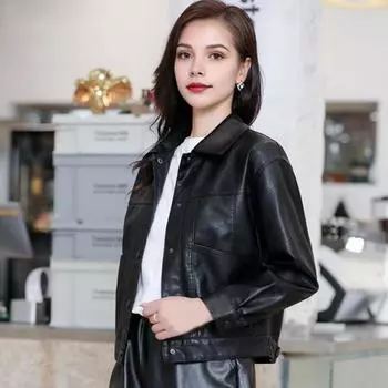 Женская куртка из искусственной кожи с гладкой поверхностью, отложным воротником, однобортная, с длинными рукавами и карманами, ретро-пальто для мотоцикла, офиса, поездок на работу, путешествий, верхняя одежда L чёрный