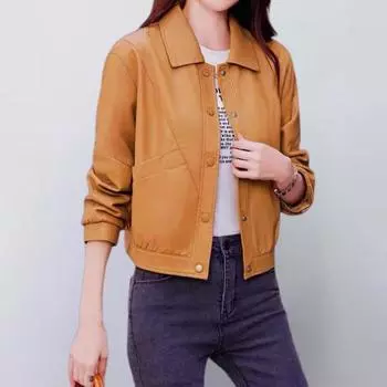 Женская куртка из искусственной кожи с гладкой поверхностью, отложным воротником, однобортная, с длинными рукавами и карманами, ретро-пальто для мотоцикла, офиса, поездок на работу, путешествий, верхняя одежда L чёрный