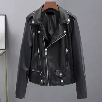 Женская куртка из искусственной кожи с гладкой поверхностью, отложным воротником, застежкой-молнией, декором, длинными рукавами, мотоциклетное пальто, верхняя одежда для путешествий M чёрный