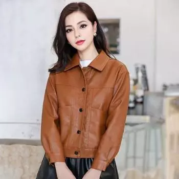 Женская куртка из искусственной кожи с гладкой поверхностью, отложным воротником, однобортная, с длинными рукавами, карманами, ретро-пальто для офиса L чёрный