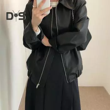 Женская куртка из искусственной кожи с гладкой поверхностью, отложным воротником, застежкой-молнией, эластичным подолом, длинными рукавами, мотоциклетное пальто, верхняя одежда для путешествий M чёрный