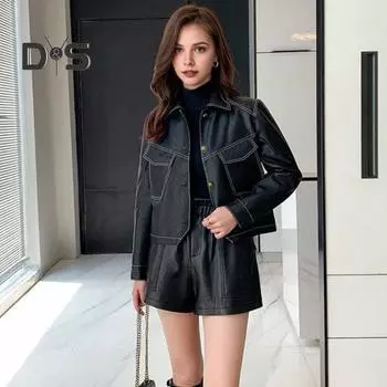 Женская куртка из искусственной кожи с гладкой поверхностью, отложным воротником, однобортная модель, карманы с клапанами, длинные рукава, мотоциклетное пальто, верхняя одежда больших размеров для путешествий L чёрный