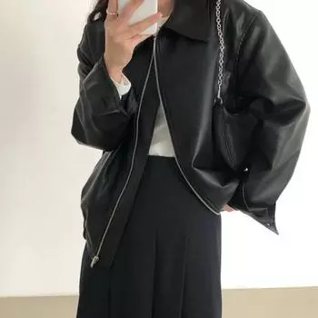 Женская куртка из искусственной кожи с гладкой поверхностью, отложным воротником, застежкой-молнией, эластичным подолом, длинными рукавами, мотоциклетное пальто, верхняя одежда для путешествий L чёрный