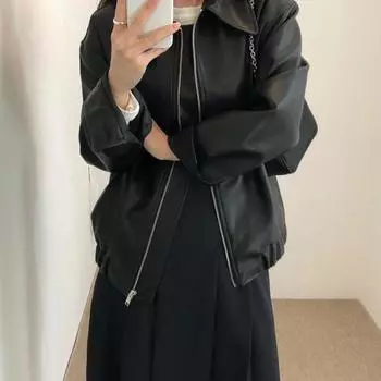 Женская куртка из искусственной кожи с гладкой поверхностью, отложным воротником, застежкой-молнией, эластичным подолом, длинными рукавами, мотоциклетное пальто, верхняя одежда для путешествий M чёрный