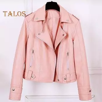 Женская куртка из искусственной кожи с гладкой поверхностью, отложным воротником, застежкой-молнией и заклепками, длинные рукава, мотоциклетное пальто, дорожная верхняя одежда M чёрный