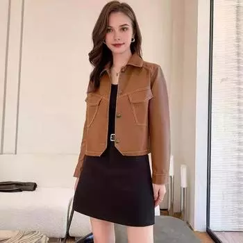 Женская куртка из искусственной кожи с гладкой поверхностью, отложным воротником, однобортная модель, карманы с клапанами, длинные рукава, мотоциклетное пальто, верхняя одежда больших размеров для путешествий L коричневый