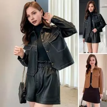 Женская куртка из искусственной кожи с гладкой поверхностью, отложным воротником, однобортная модель, карманы с клапанами, длинные рукава, мотоциклетное пальто, верхняя одежда больших размеров для путешествий L чёрный