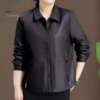 Женская куртка из искусственной кожи с гладкой поверхностью, отложным воротником, однобортным кроем, карманами, длинными рукавами, ретро-пальто для мотоциклистов, верхняя одежда больших размеров для путешествий XXXL чёрный