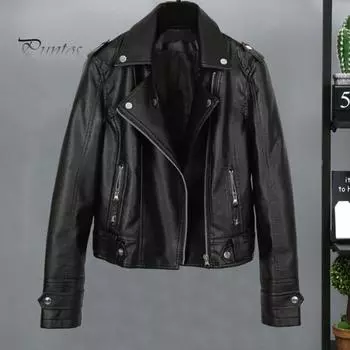 Женская куртка из искусственной кожи с гладкой поверхностью, отложным воротником, застежкой-молнией и заклепками, длинные рукава, мотоциклетное пальто, дорожная верхняя одежда M чёрный