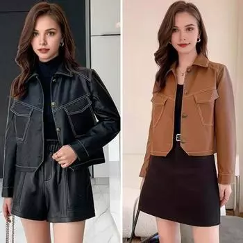 Женская куртка из искусственной кожи с гладкой поверхностью, отложным воротником, однобортная модель, карманы с клапанами, длинные рукава, мотоциклетное пальто, верхняя одежда больших размеров для путешествий XL коричневый