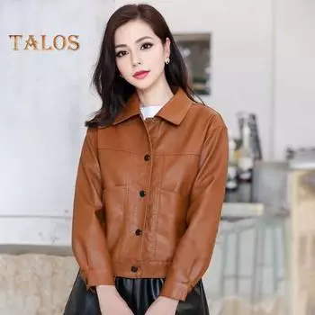 Женская куртка из искусственной кожи с гладкой поверхностью, отложным воротником, однобортная, с длинными рукавами, карманами, ретро-пальто для мотоцикла, для офиса, для поездок на работу и путешествий L чёрный