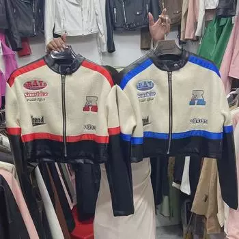 Женская куртка из искусственной кожи с контрастной вышивкой в стиле ретро 2023 года — мода ранней осени, свободный крой, короткое пальто S синий