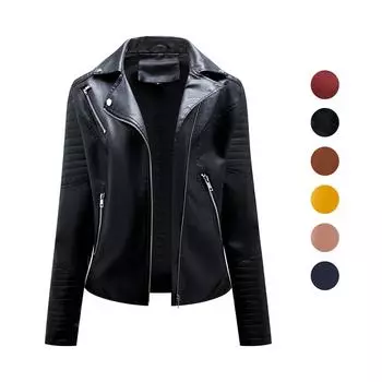 Женская куртка из искусственной кожи с отложным воротником и диагональной молнией из искусственной кожи, мотобайкерское пальто, повседневная короткая верхняя одежда на осень-весну S чёрный