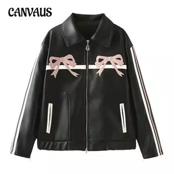 Женская куртка из искусственной кожи с вышитым бантом, весна-осень, большие размеры S розовый