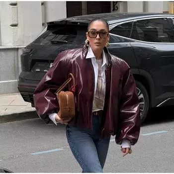 Женская куртка из искусственной кожи с застежкой-молнией, короткий свободный топ, женское пальто из искусственной кожи, новая мода, бордовый цвет, мотоциклетный стиль, весна и осень S