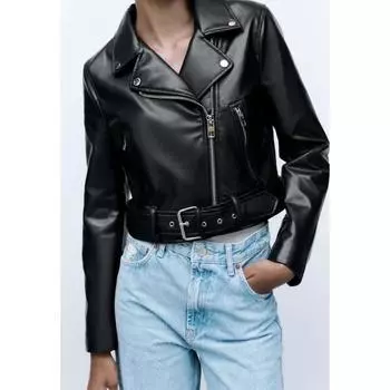 Женская куртка из искусственной кожи, шикарная винтажная байкерская куртка с короткими лацканами и молнией, уличная одежда, черные топы S чёрный