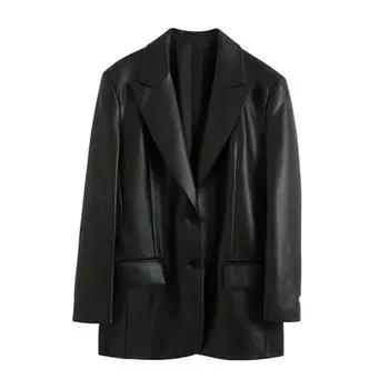 Женская куртка из искусственной кожи средней длины, однобортный пиджак с лацканами для повседневной жизни и работы на весну и осень S чёрный