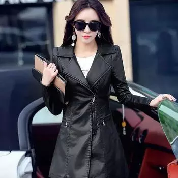 Женская куртка из искусственной кожи средней длины, однотонная, весна-осень, ветровка с зауженной талией 3XL чёрный