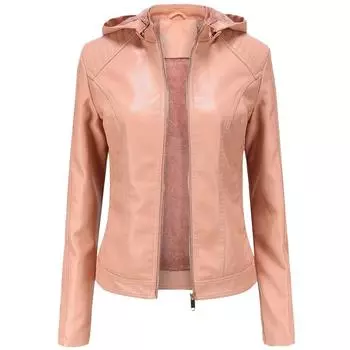 Женская куртка из искусственной кожи, теплая зимняя флисовая подкладка с капюшоном из искусственной кожи, байкерский пиджак-бомбер, короткое укороченное мото-пальто, классическая мотоциклетная верхняя одежда, S-3XL, большие размеры S розовый