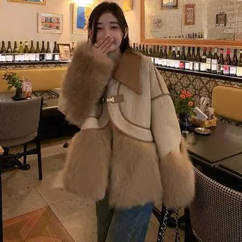 Женская куртка из искусственной кожи в стиле пэчворк из искусственного лисьего меха осенью и зимой, новый мех и меховой стиль, преодолевающий тенденцию утолщенной внутренней подкладки L