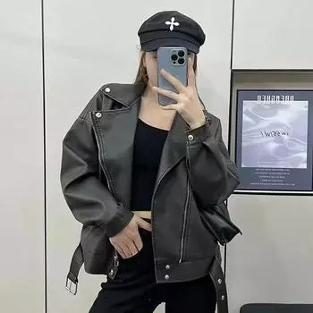 Женская куртка из искусственной кожи в стиле ретро на весну и осень, универсальная корейская версия, свободная и маленькая, модная мотоциклетная куртка, классная кожаная куртка S