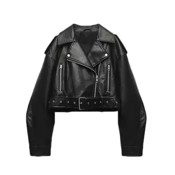 Женская куртка из искусственной кожи, весна-осень, женское винтажное свободное пальто на молнии с поясом, байкерская верхняя одежда XS чёрный