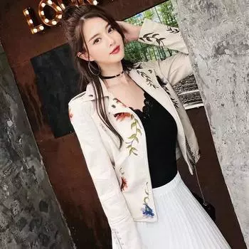 Женская куртка из искусственной мягкой кожи с цветочным принтом и вышивкой в стиле ретро, короткое пальто с отложным воротником из искусственной кожи, черная верхняя одежда в стиле панк S