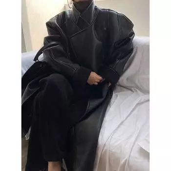 Женская куртка из искусственной овечьей шерсти в европейском и американском стиле с отделкой из искусственной кожи, тренчкот, длинная куртка с хлопковой подкладкой, пальто для женщин S чёрный