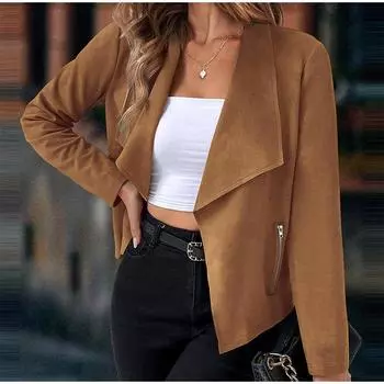 Женская куртка из искусственной замши, винтажная куртка с карманами на молнии, стильное ветрозащитное пальто с длинным рукавом и лацканами S бежевый