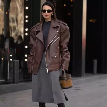 Женская куртка из кожи в стиле ретро с отложным воротником, модная повседневная свободная куртка с длинным рукавом на молнии, новое осеннее винтажное однотонное пальто S чёрный