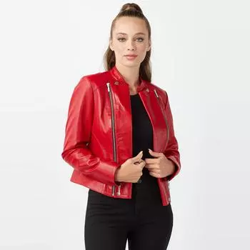 Женская куртка из натуральной кожи с двойным воротником красная