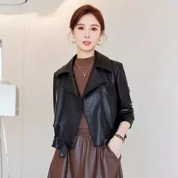 Женская куртка из натуральной кожи в мотоциклетном стиле, новая, весна-осень, короткая, с лацканами из овчины, облегающая M