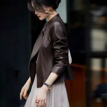 Женская куртка из натуральной кожи, весна-осень, новый стиль, воротник-стойка, модная облегающая куртка из овчины M