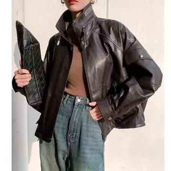 Женская куртка из овчины в стиле ретро с рукавами «летучая мышь», натуральная кожаная куртка S чёрный