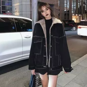 Женская куртка из плотного плюша с подкладкой из плюша, однотонная, с карманами, отворотами, однобортная, с длинными рукавами, теплая свободная джинсовая куртка, повседневное пальто для активного отдыха S чёрный
