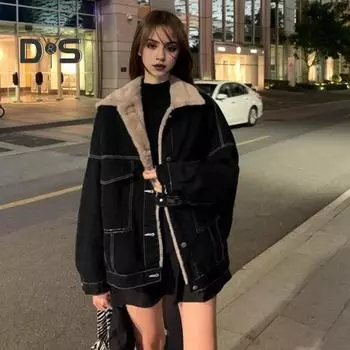 Женская куртка из плотного плюша с подкладкой из плюша, однотонная, с карманами, отворотами, однобортная, с длинными рукавами, теплая свободная джинсовая куртка, повседневное пальто для активного отдыха S чёрный