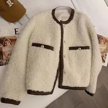 Женская куртка из плюшевой овчины на осень и зиму, свободное короткое пальто с небольшим ароматом, утепленный топ M кофейный