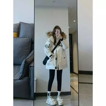 Женская куртка из пуха и хлопка на зиму 2023 года, новая толстая хлопковая куртка с большим меховым воротником, свободная и нишевая рабочая одежда для пар, преодоление трудностей S слоновая кость