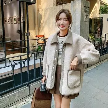 Женская куртка из шерсти ягненка цвета молочного цвета с мехом 2024 года, новый корейский утолщенный верх из гранулированного флиса XS 85-47.5 kg
