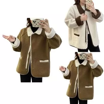 Женская куртка из шерсти ягненка с контрастными лацканами, модная свободная повседневная короткая цельная куртка на осень и зиму L бежевый