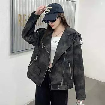 Женская куртка из стираной кожи в стиле ретро в гонконгском стиле на осень и зиму, новая свободная и узкая куртка с лацканами и длинными рукавами из кожи для мотоцикла S