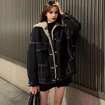 Женская куртка из толстого плюша с подкладкой из плюша, однотонная, с карманами, отворотами, однобортная, с длинными рукавами L чёрный