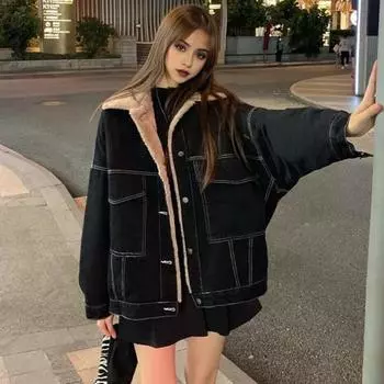 Женская куртка из толстого плюша с подкладкой из плюша, однотонная, с карманами, отворотами, однобортная, с длинными рукавами S чёрный