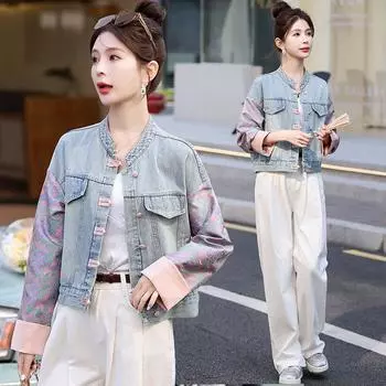 Женская куртка из жаккардового стираного денима в стиле ретро в китайском стиле - весна/осень 2024 г., прямые плечи, контрастный цвет Medium