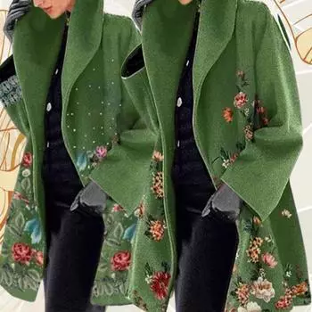 Женская куртка Элегантное пальто больших размеров с цветочным принтом для женщин Толстый теплый кардиган средней длины с отложным воротником Стильное пальто M зелёный