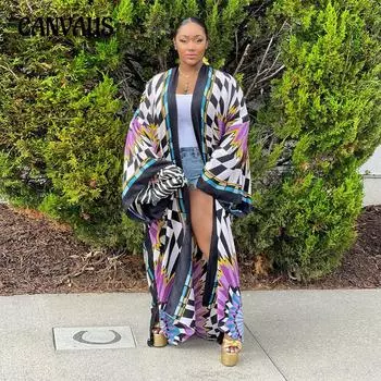 Женская куртка-кардиган больших размеров на весну и осень без пуговиц с принтом, модная повседневная длинная ветровка-тренч One Size